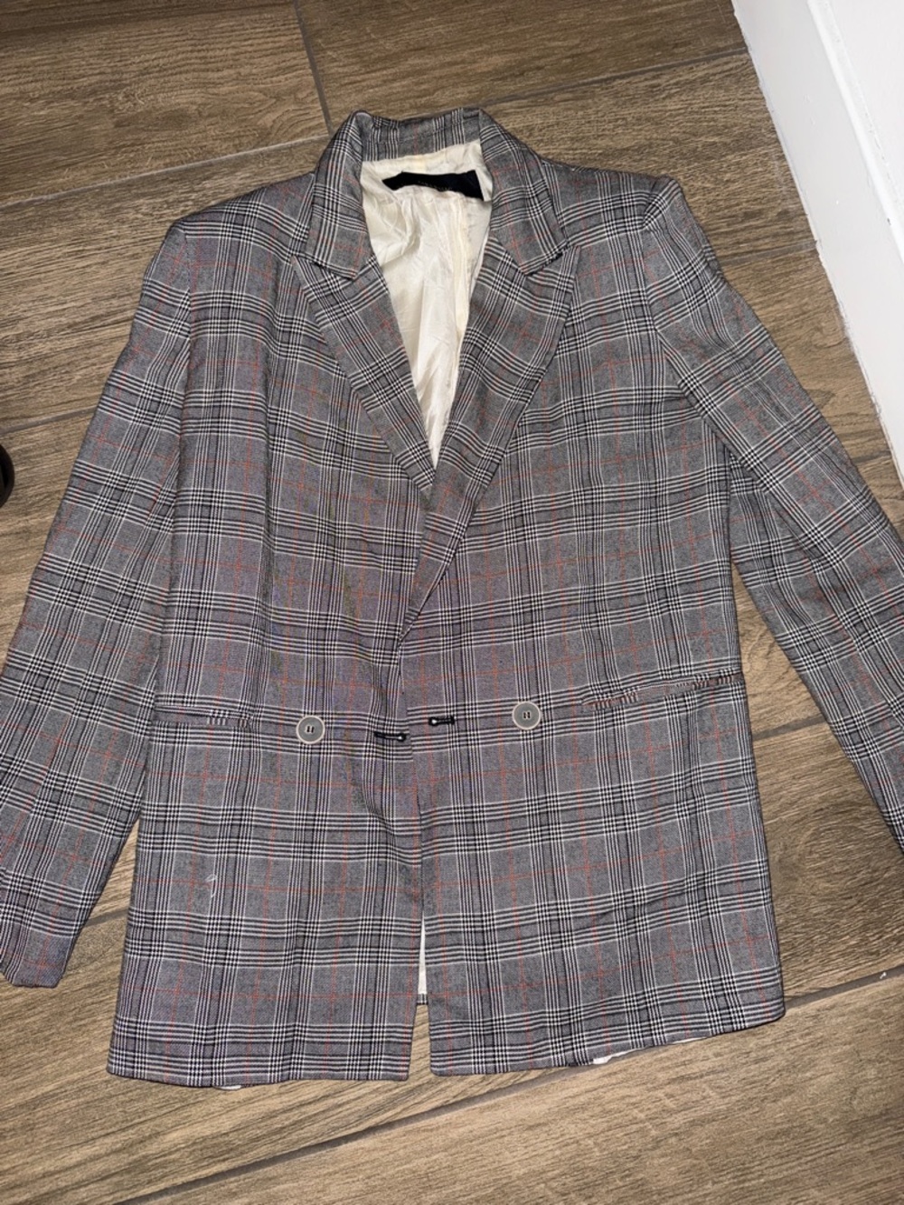 Gray Plaid Double-Button Blazer - Women